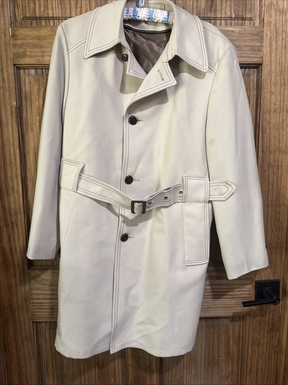 Vintage Casualcraft Wool Blend Belted Car Coat Jacket Men's 42R Ivory Cream